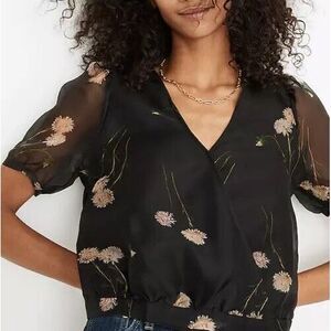 Madewell XS Aster Portrait 100% Silk Organza Puff-Sleeve Wrap Top Black Floral‎